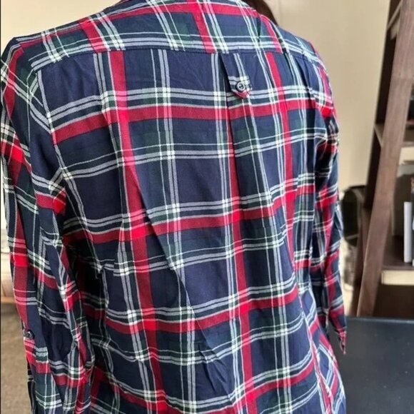 Market & Spruce Women’s Large Plaid Rayon Tunic Top Navy Red Long Sleeve - Picture 3 of 5